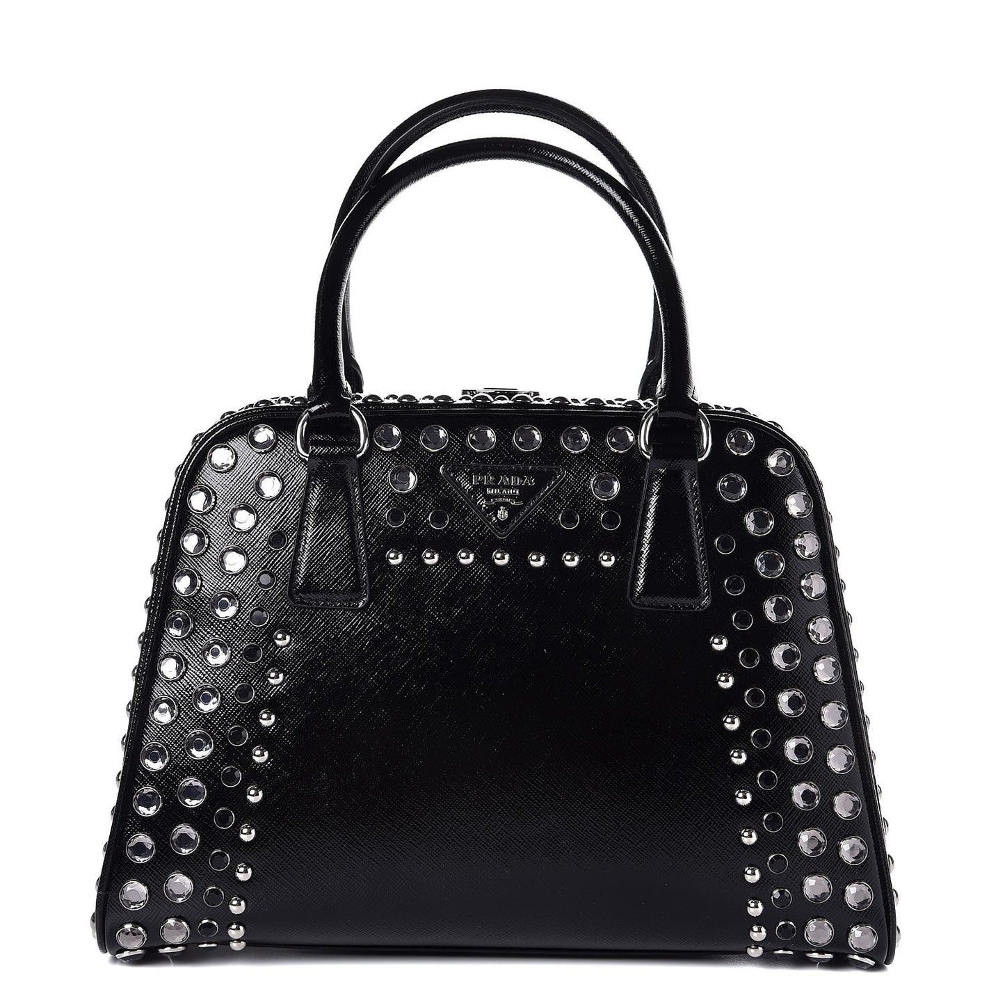 Saffiano Vernice Small Crystal Pyramid Bag Black