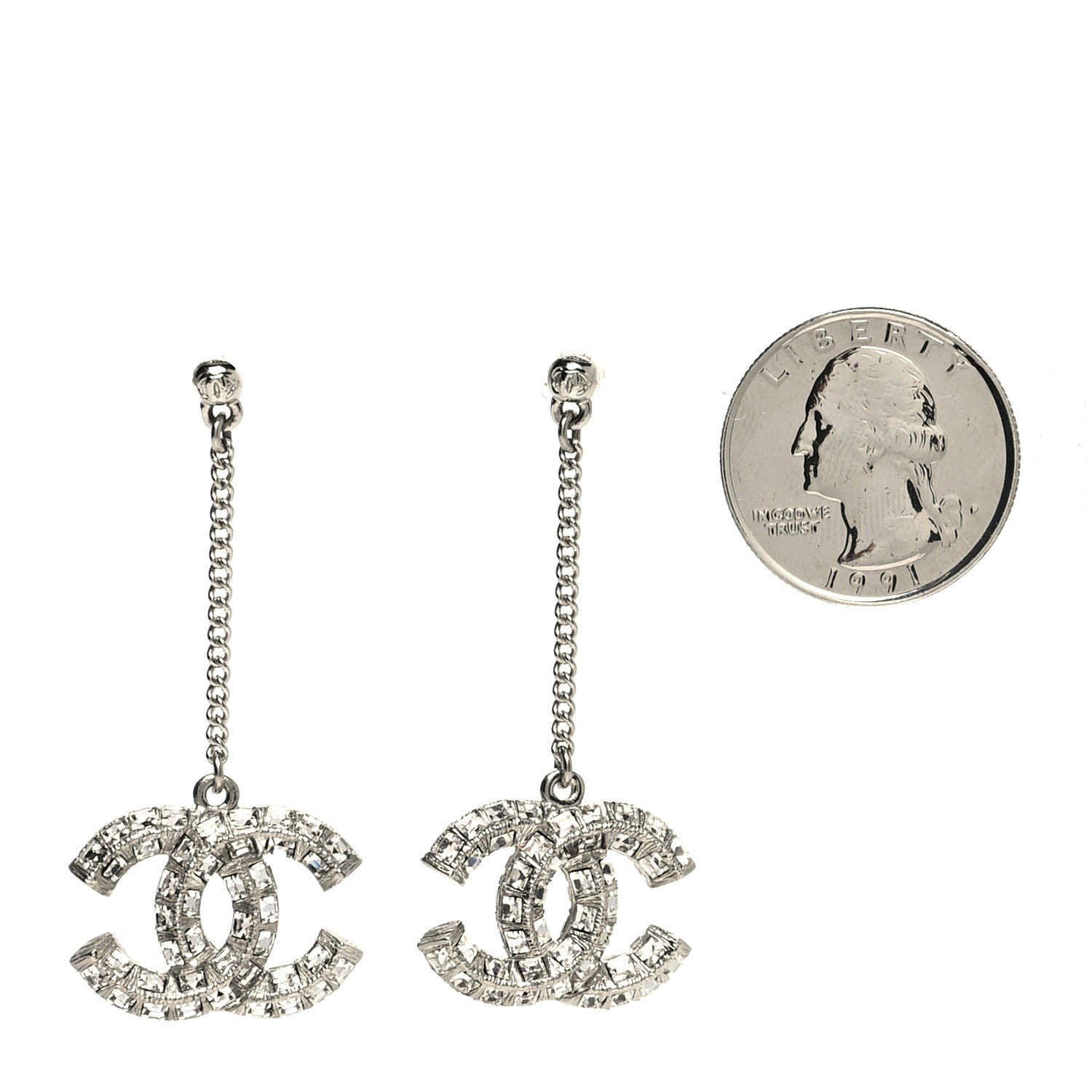 Chanel Baguette Crystal CC Drop Earrings Silver 2 of 3