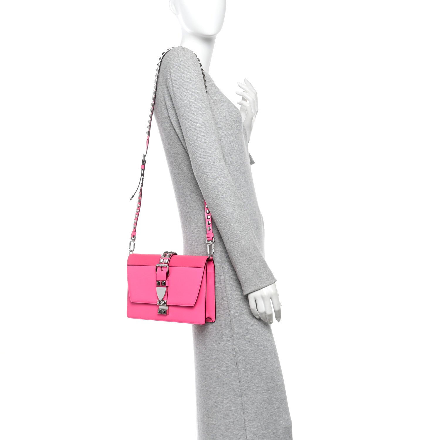 Prada Saffiano City Calfskin Studded Large Elektra Shoulder Bag Fuchsia Black 2 of 9