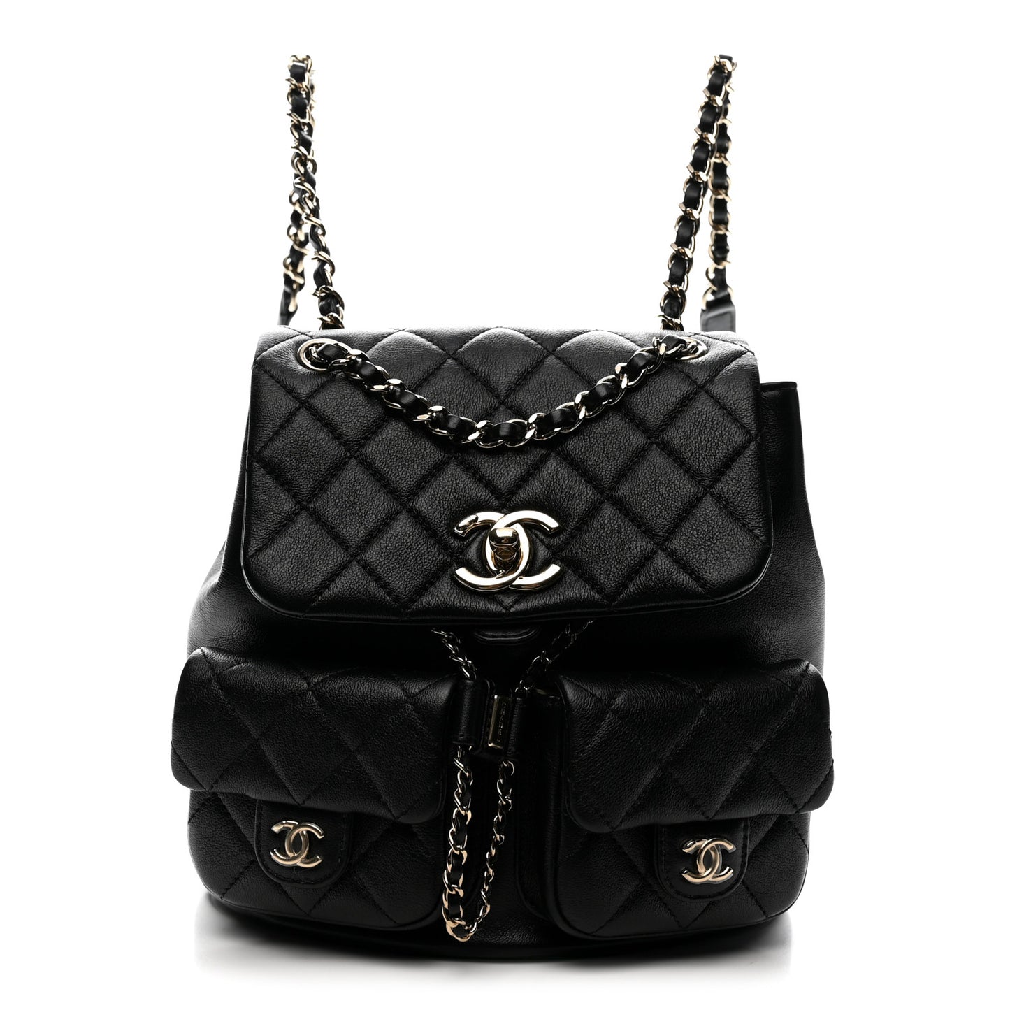Shiny Caviar Quilted Medium Duma Pockets Drawstring Backpack Black