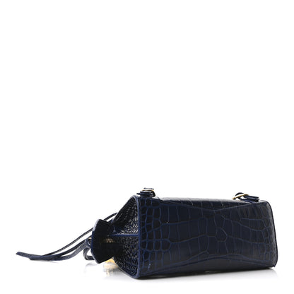 Balenciaga Shiny Supple Calfskin Crocodile Embossed Neo Classic Gold Hardware Mini City Navy 4 of 10