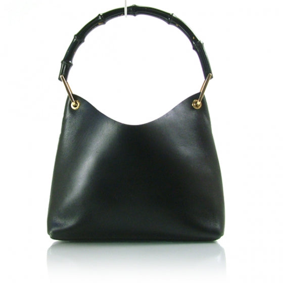 Leather Peggy Bamboo Handle Hobo Black