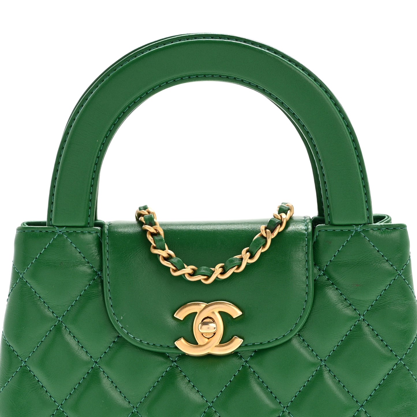 Shiny Aged Calfskin Quilted Nano Kelly Shopper Green