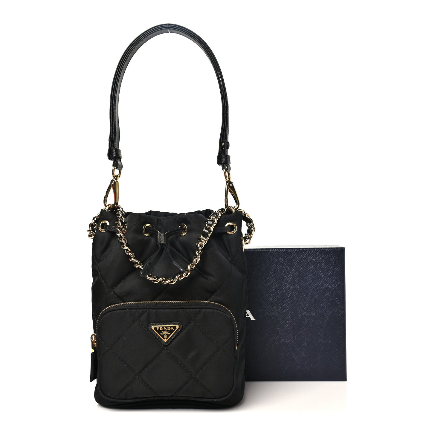 Re-Nylon Saffiano Stitched Re-Edition 1995 Chaine Drawstring Bucket Bag Black