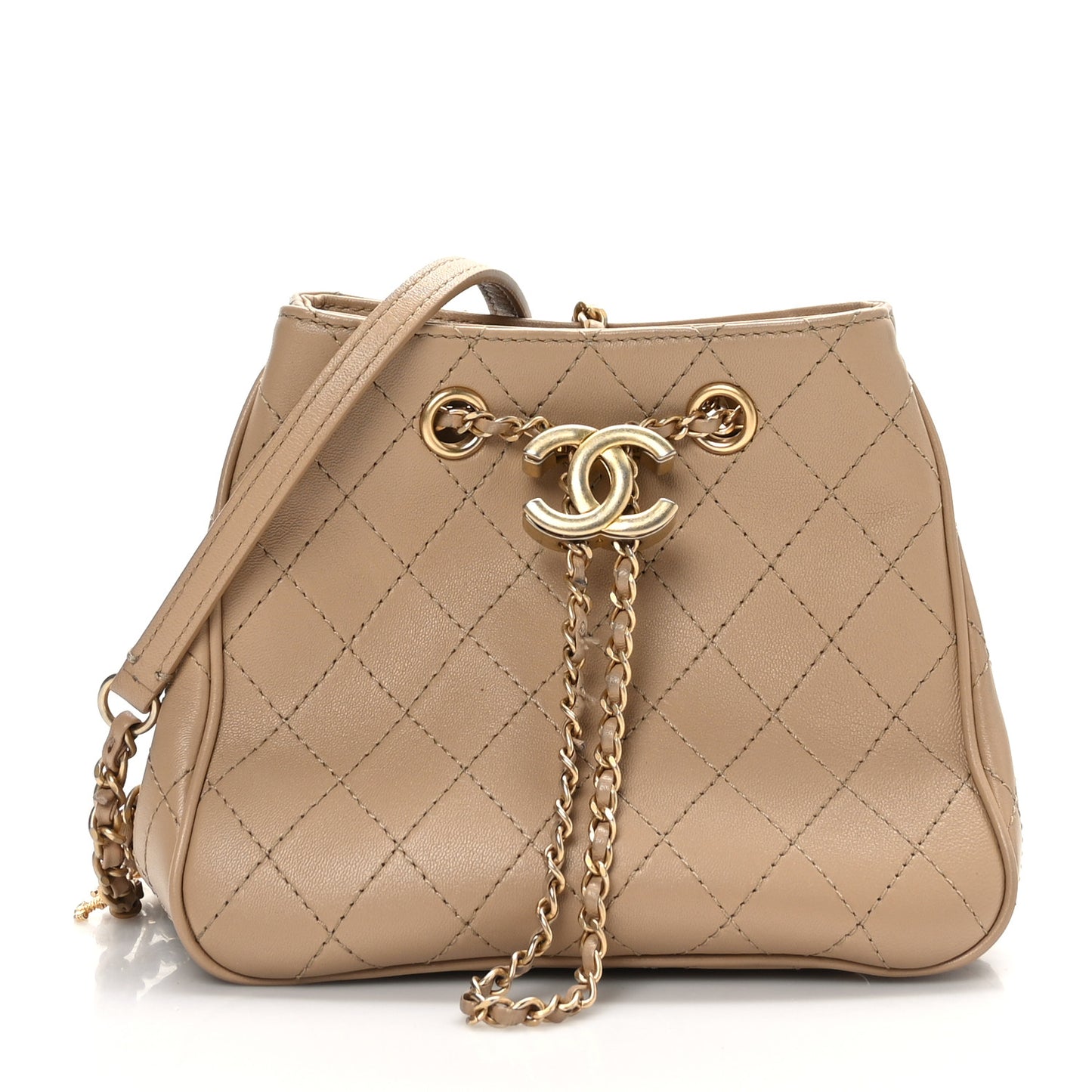 Calfskin Stitched Small Egyptian Amulet Drawstring Bag Beige