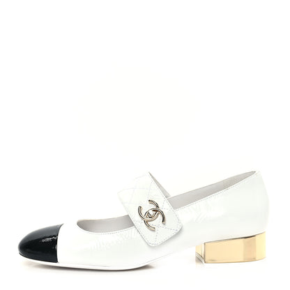 Chanel Patent Goatskin Cap Toe Mary Janes 40 White Black 1 of 11
