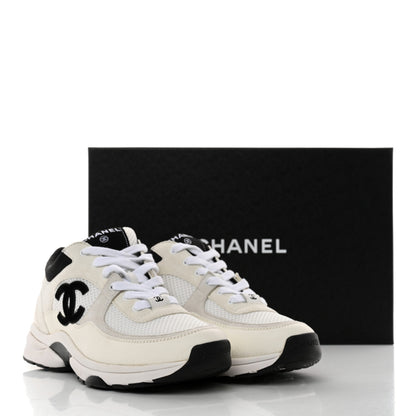 Chanel Mesh Suede Calfskin Grained Calfskin Womens CC Sneakers 38 White Black 9 of 9