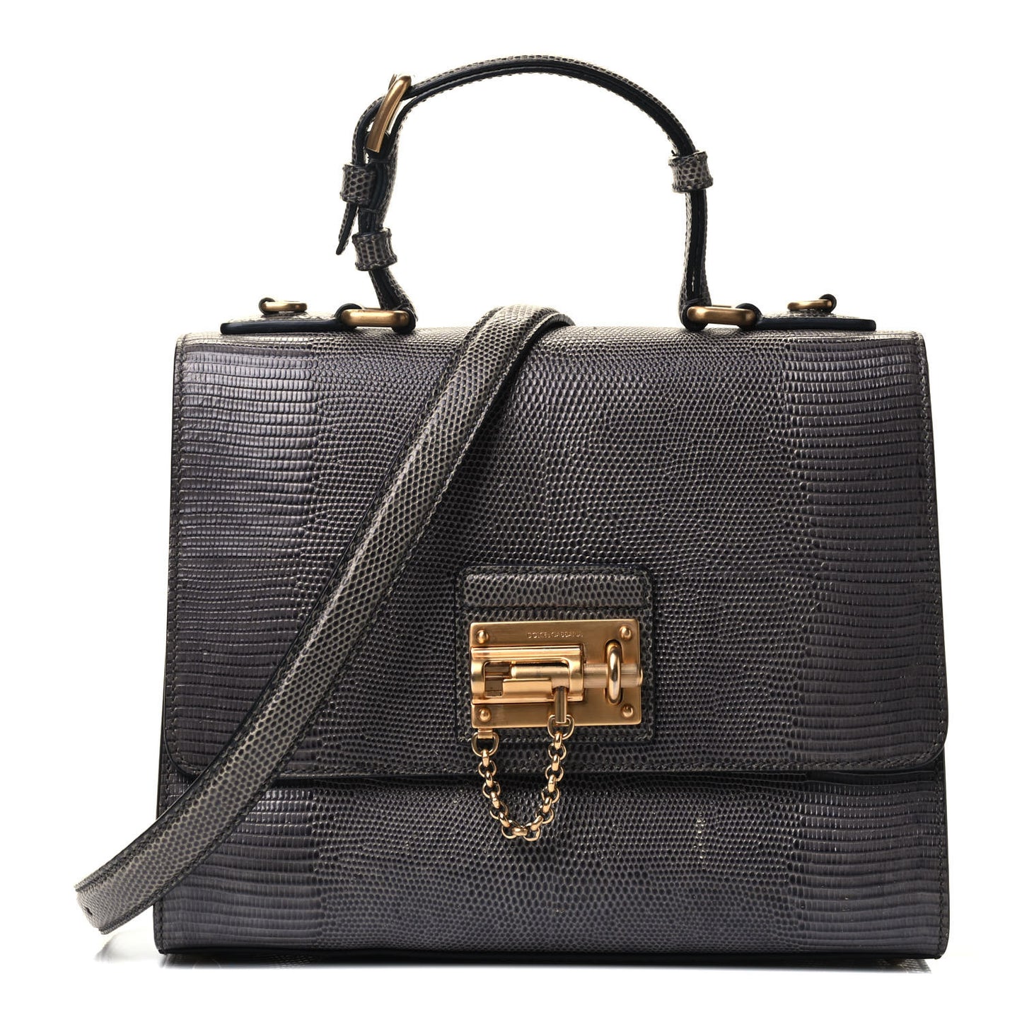 Lizard Calfskin Embossed Medium Monica Top Handle Bag Grey