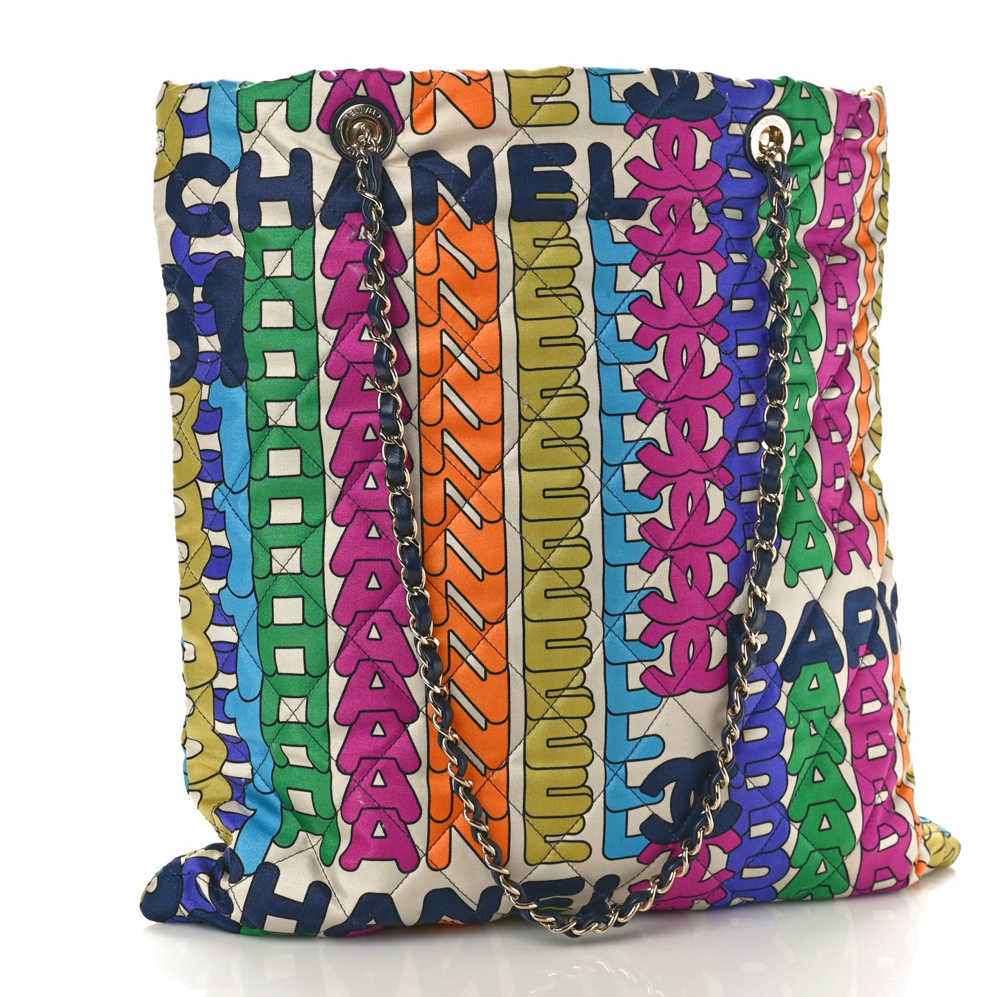 Printed Fabric Quilted Logo Large Shopping Tote Multicolor