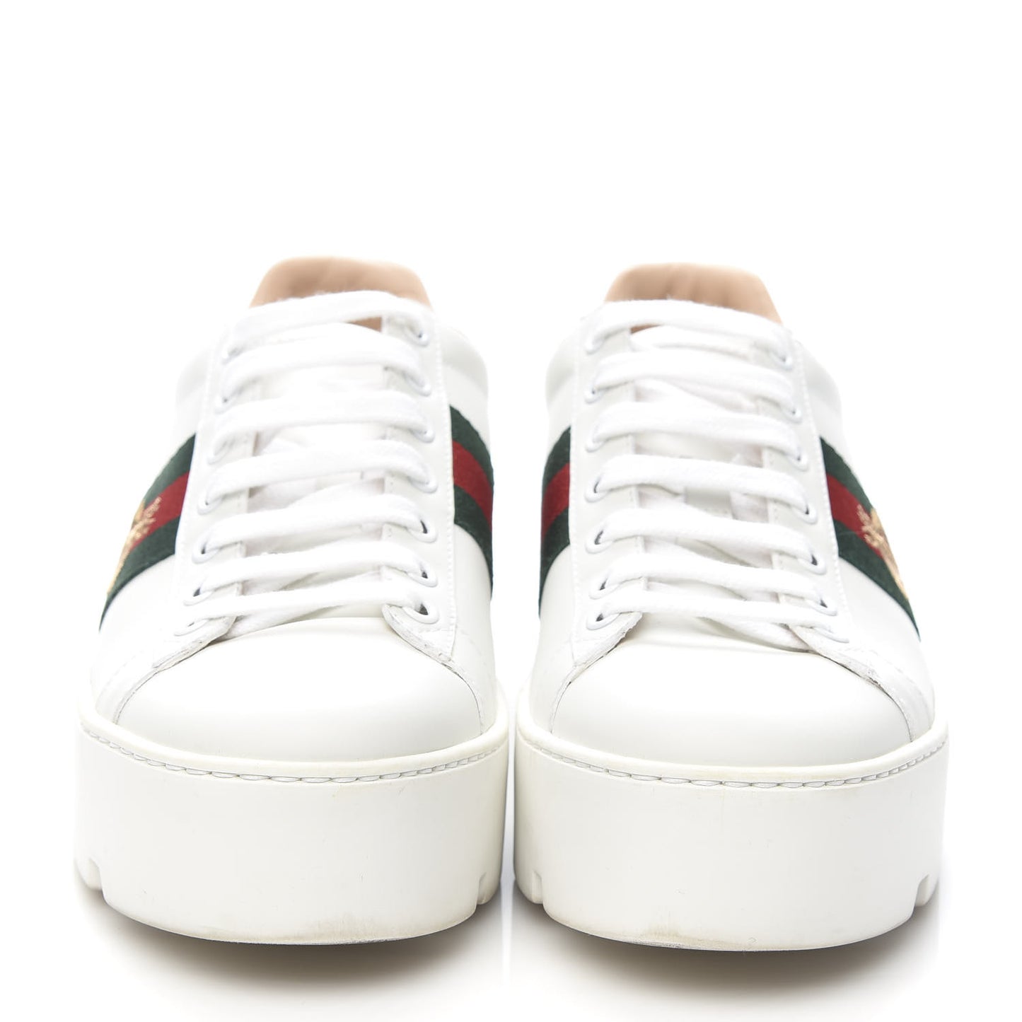 Calfskin Web Bee Embroidered Womens Ace Platform Sneakers 37 White