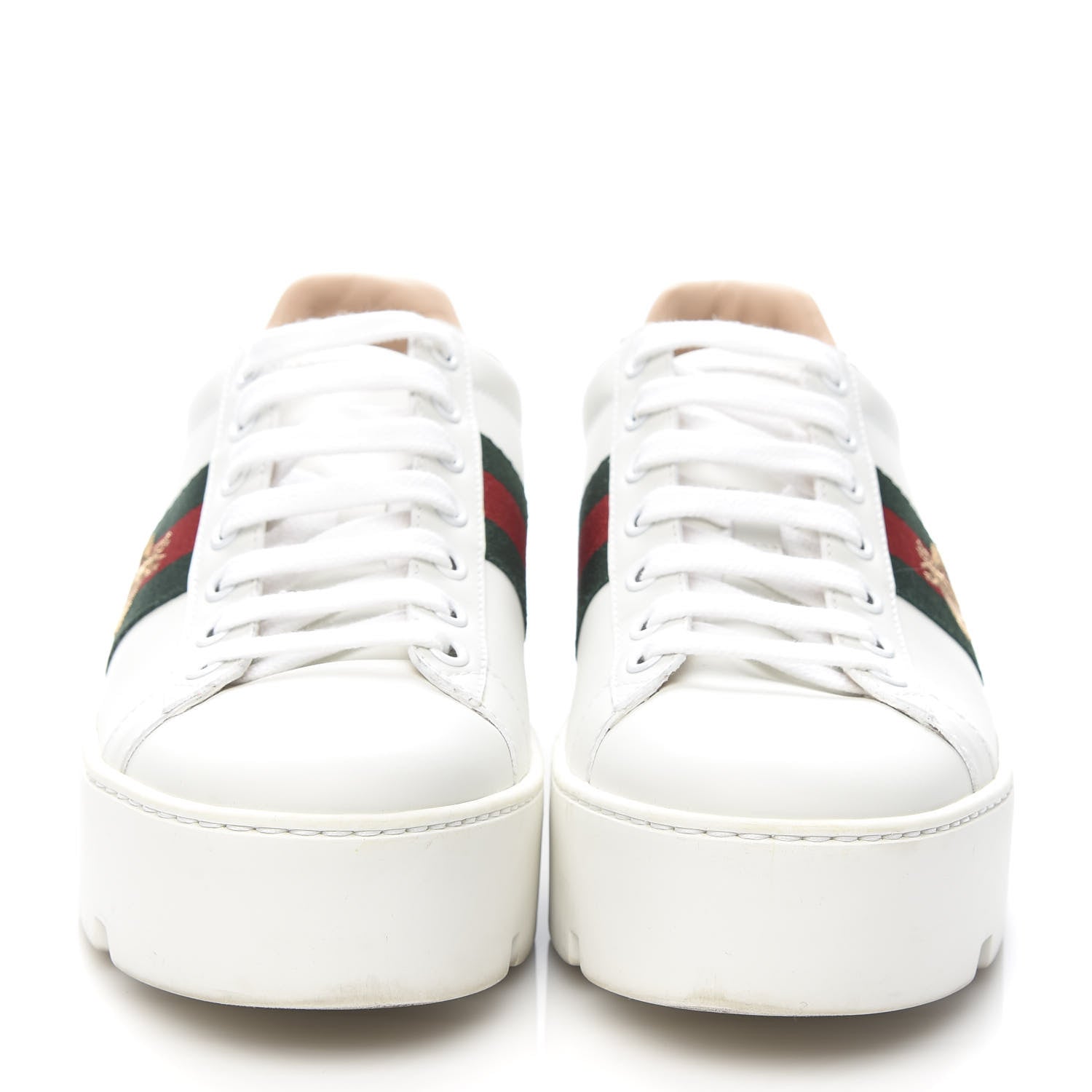 Gucci Calfskin Web Bee Embroidered Womens Ace Platform Sneakers 37 White 2 of 12