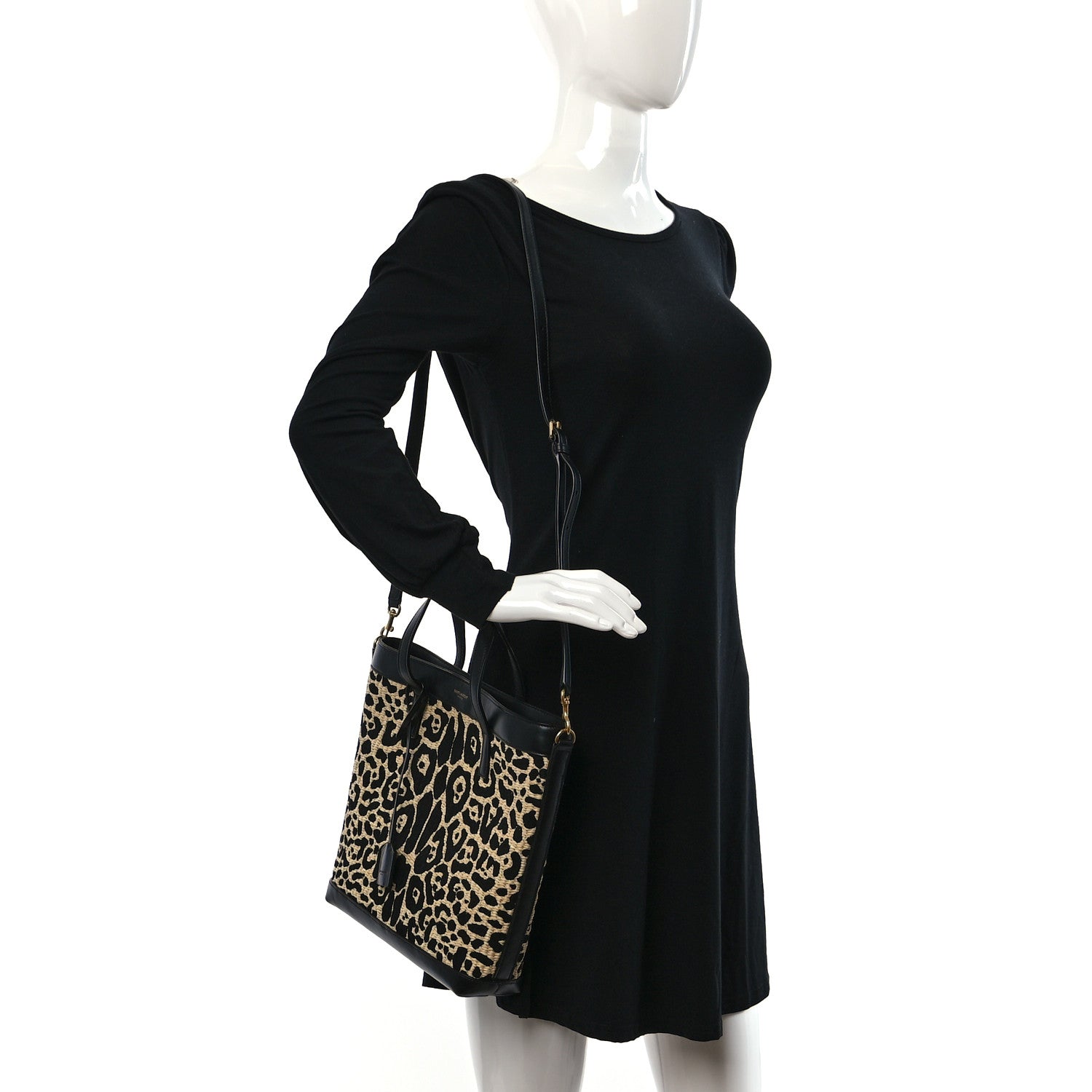 Saint Laurent Raffia Calfskin Leopard Print Toy Shopping Tote Natural Black 2 of 9
