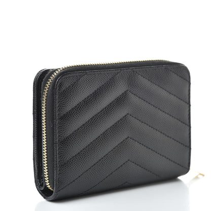 Saint Laurent Grain De Poudre Matelasse Chevron Monogram Compact Zip Around Wallet Black 3 of 10