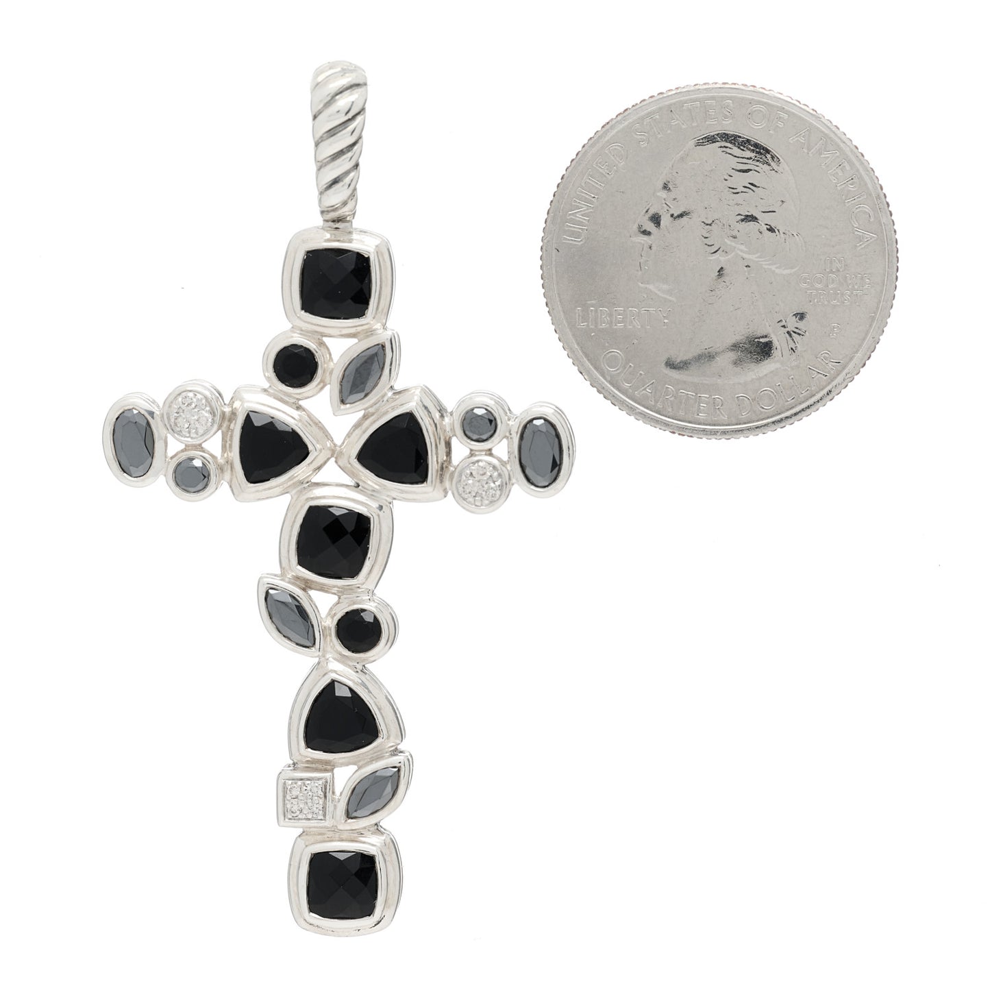Sterling Silver Diamond Black Onyx Hematine Mosaic Cross Pendant