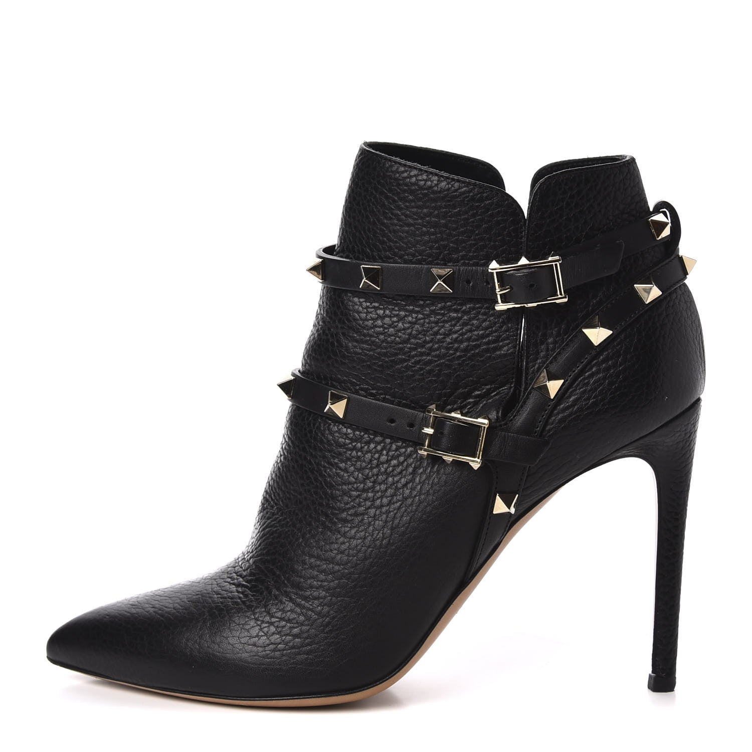 Valentino Garavani Pebbled Calfskin Rockstud Double Buckle 100mm Ankle Boots 38.5 Black 1 of 9