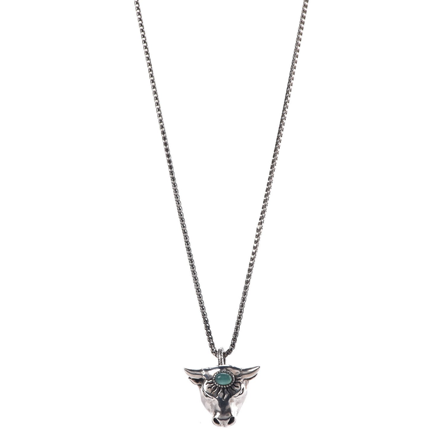 Sterling Silver Glass Anger Forest Bull Head Necklace Green