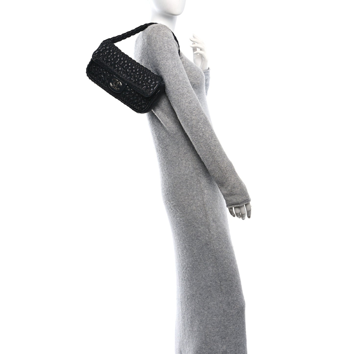 Lambskin Crochet Embroidered Shoulder Bag Black