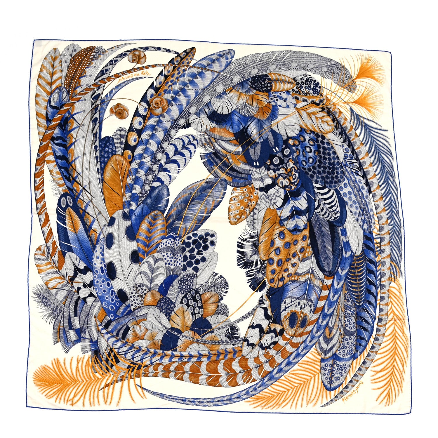 Hermes Cashmere Silk Plumes En Fete Shawl 140 White Bleu Gold 1 of 8