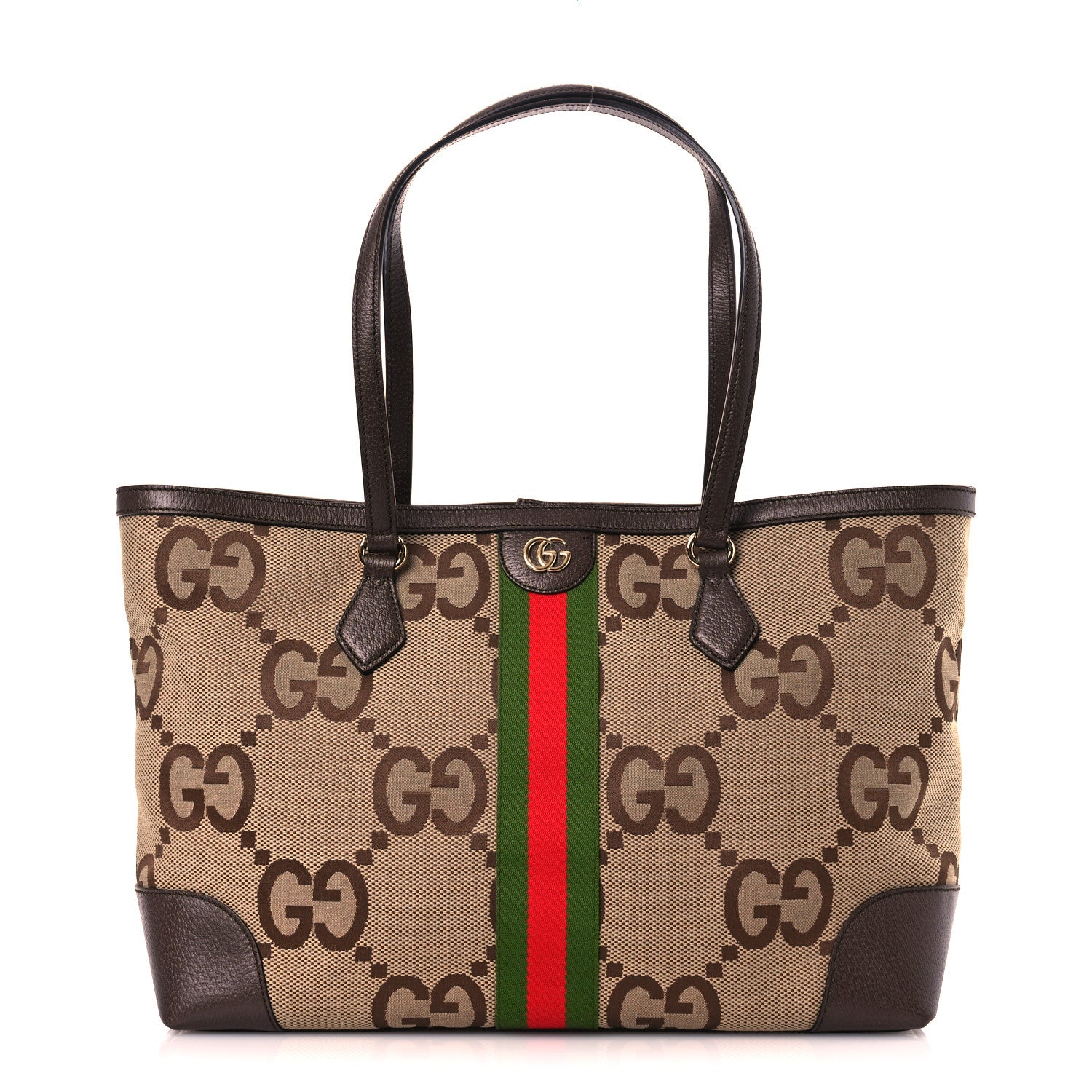 Gucci Monogram Jumbo GG Textured Dollar Calfskin Web Medium Ophidia Shopping Tote Camel Ebony 1 of 11