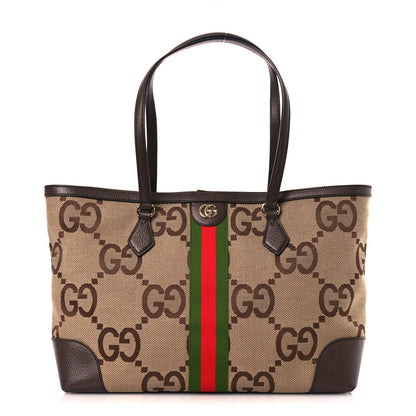 Gucci Monogram Jumbo GG Textured Dollar Calfskin Web Medium Ophidia Shopping Tote Camel Ebony 1 of 11
