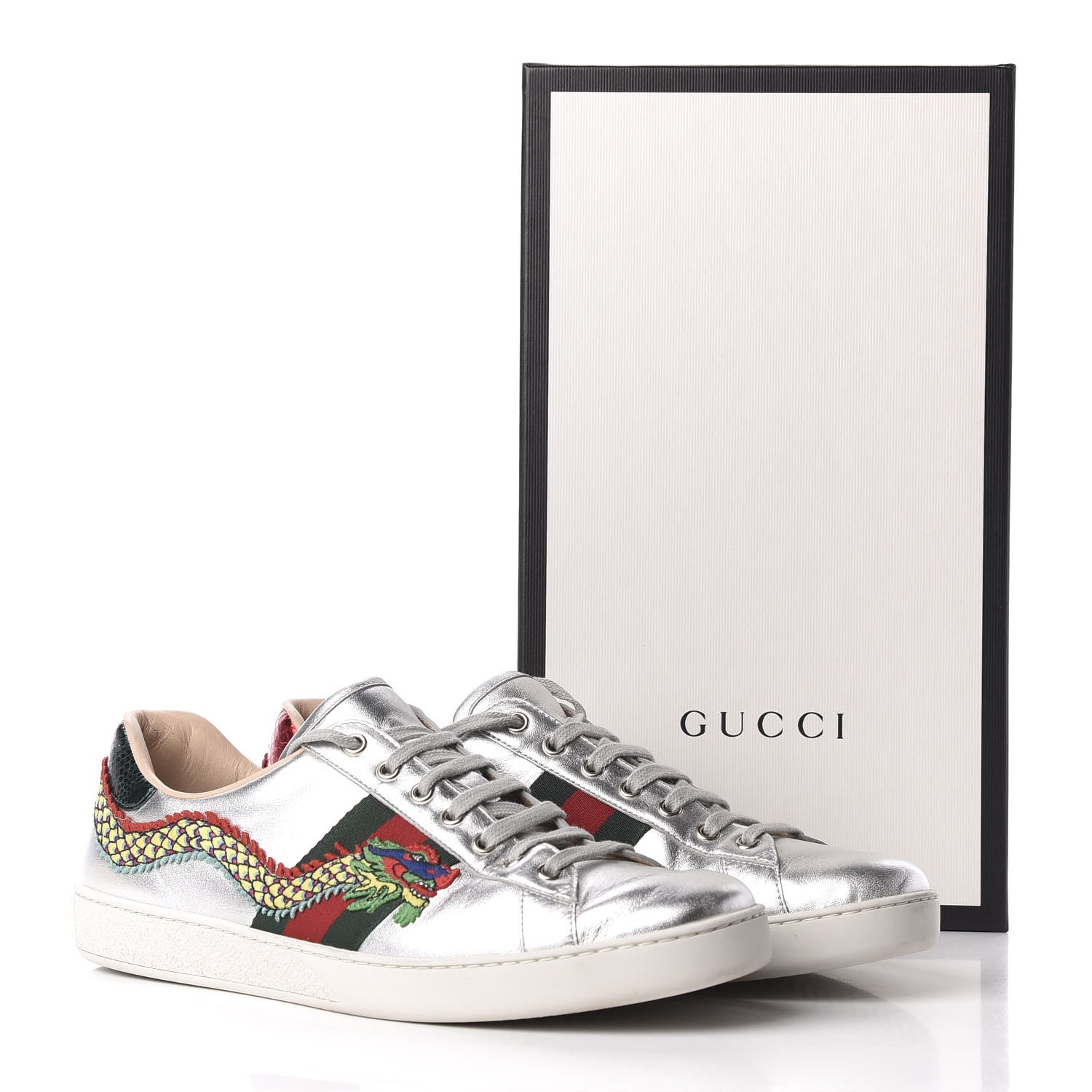 Gucci Metallic Nappa Ayers Web Dragon Embroidered Mens New Ace Sneakers 11 Silver 10 of 10