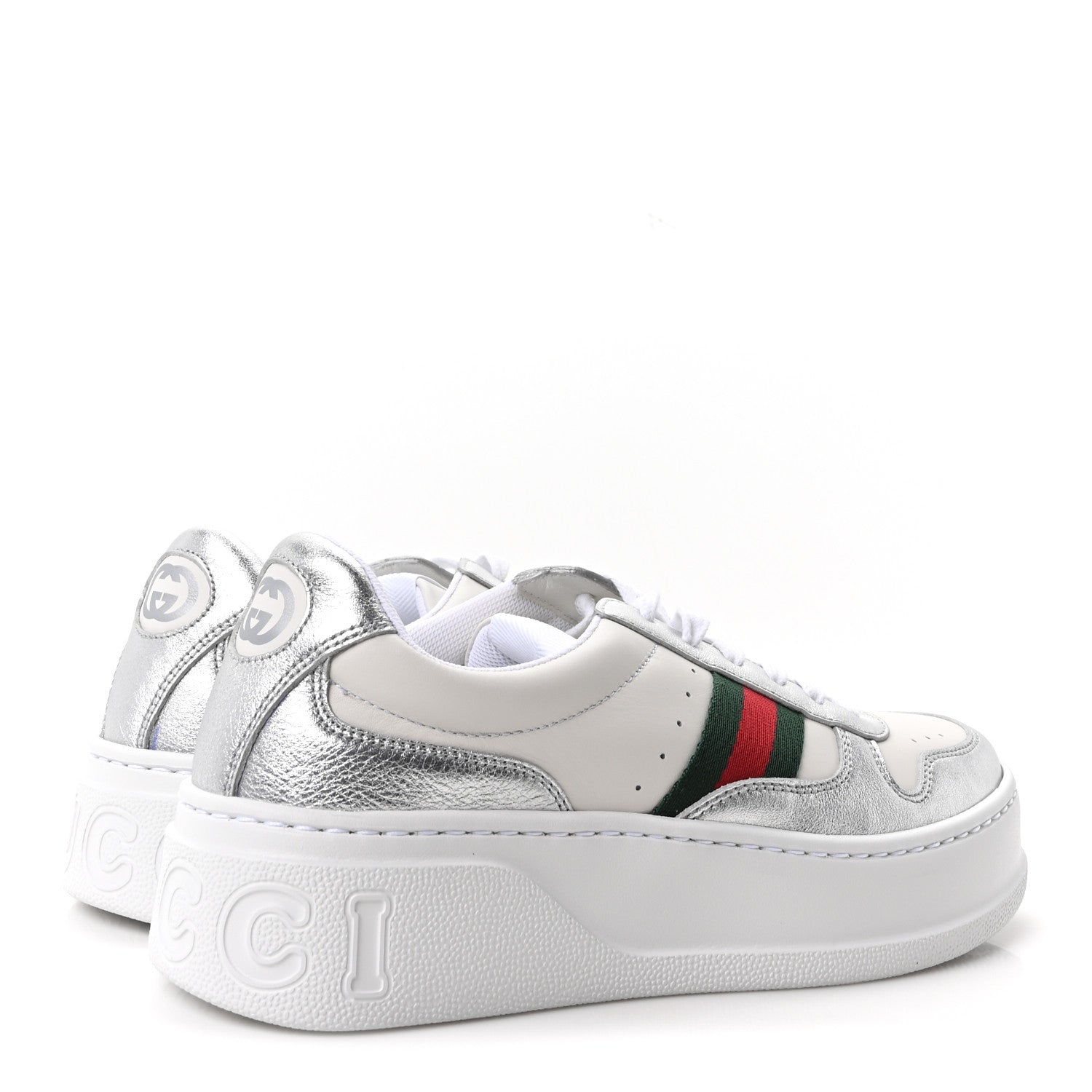 Gucci Metallic Nappa Web Womens Chunky Sneakers 38 Silver 5 of 10