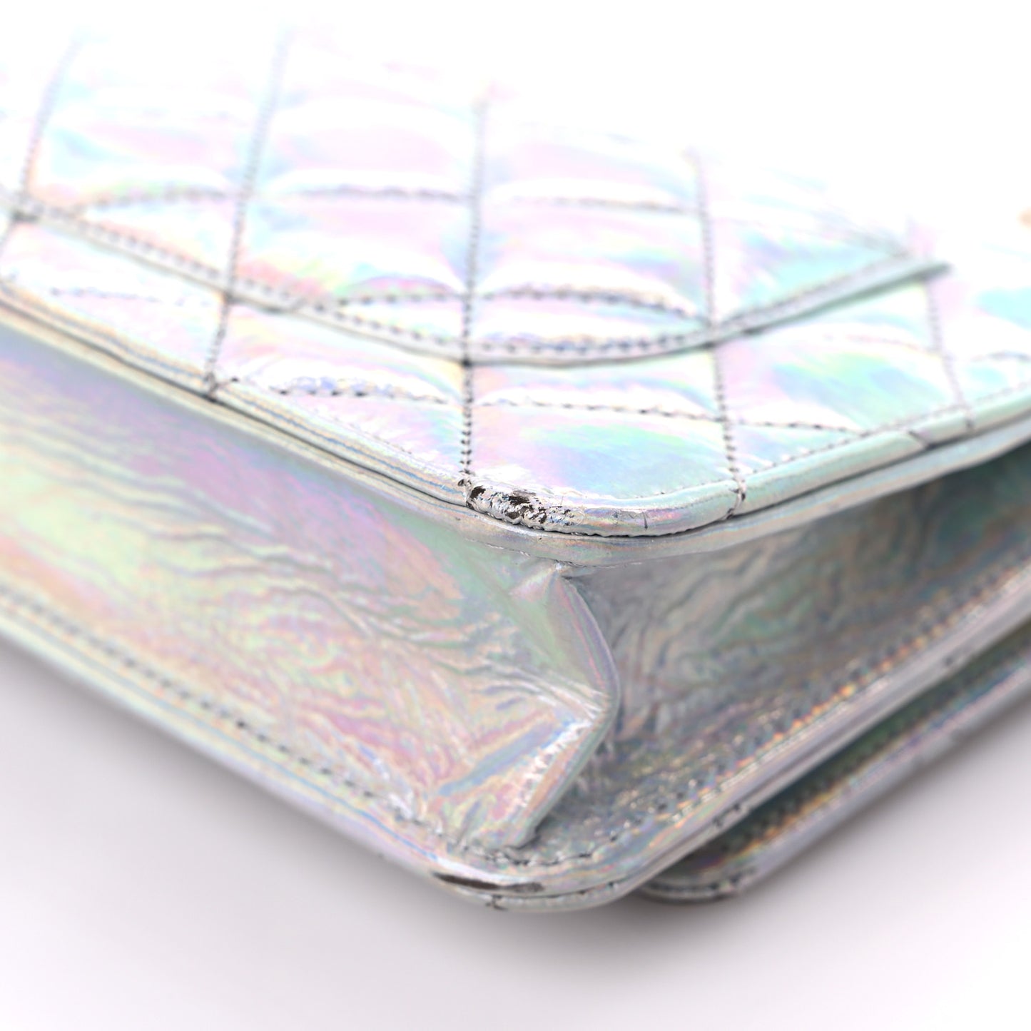Iridescent Goatskin Quilted Wallet On Chain WOC Silver