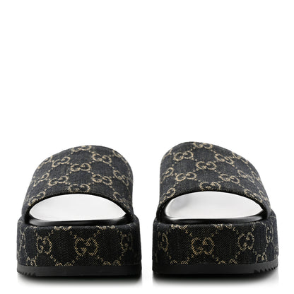 Gucci Jacquard Black Denim GG Monogram Angelina Platform 55mm Slide Sandals 38 Black Ivory 2 of 9