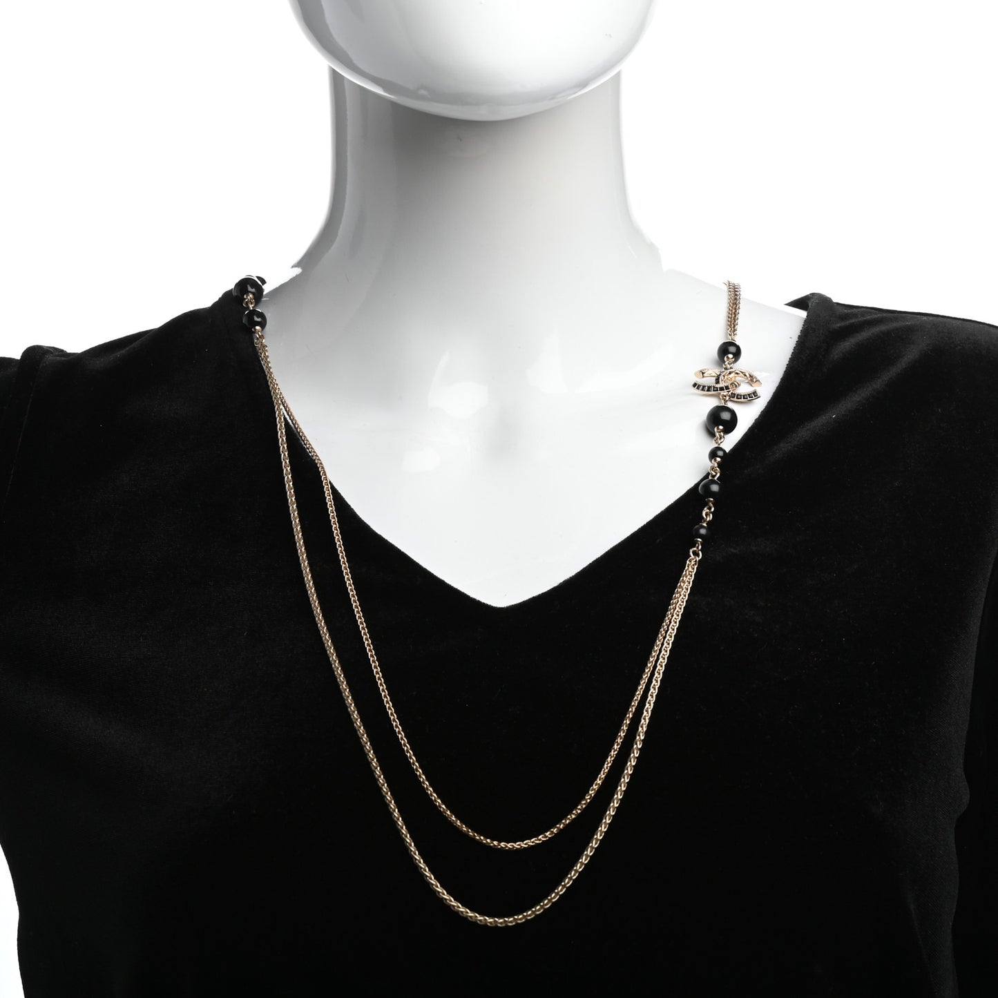 Beaded Crystal CC Long Necklace Gold Black White
