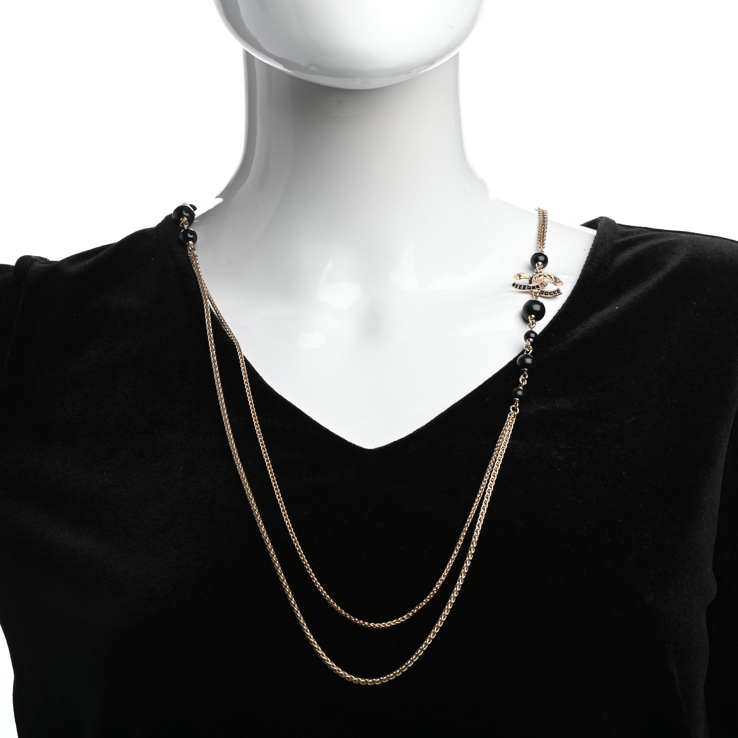 Chanel Beaded Crystal CC Long Necklace Gold Black White 2 of 5