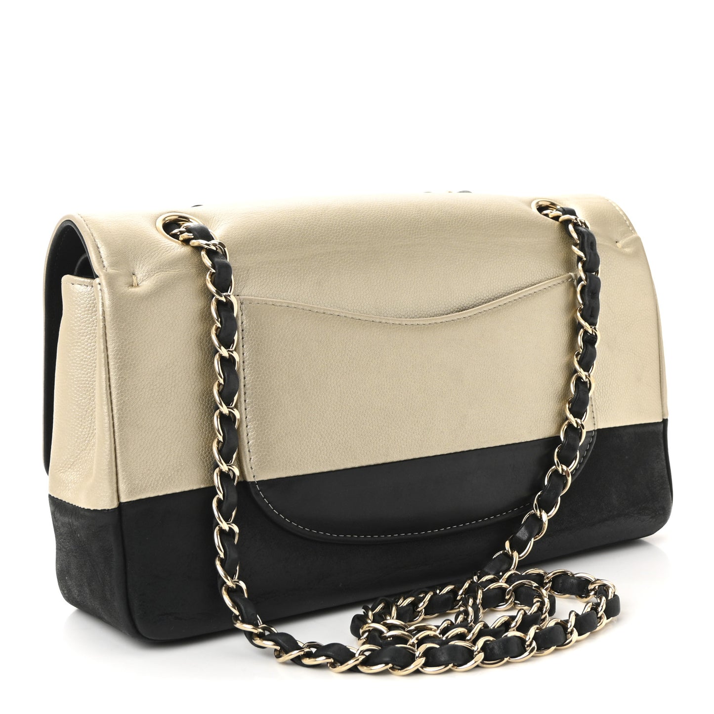 Metallic Grained Calfskin Medium Classic Pure Double Flap Gold Black