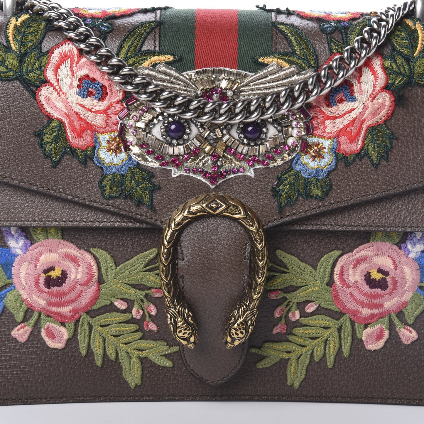 Calfskin Web Owl Embroidered Medium Dionysus Shoulder Bag New Acero Multicolor