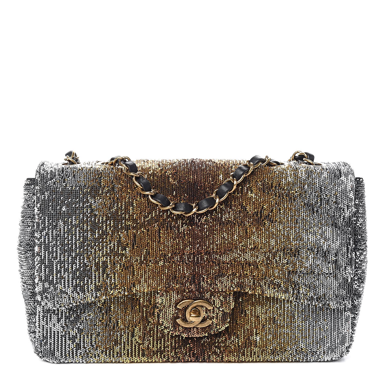 Chanel Sequin Medium Single Flap Silver Gold 1 of 10