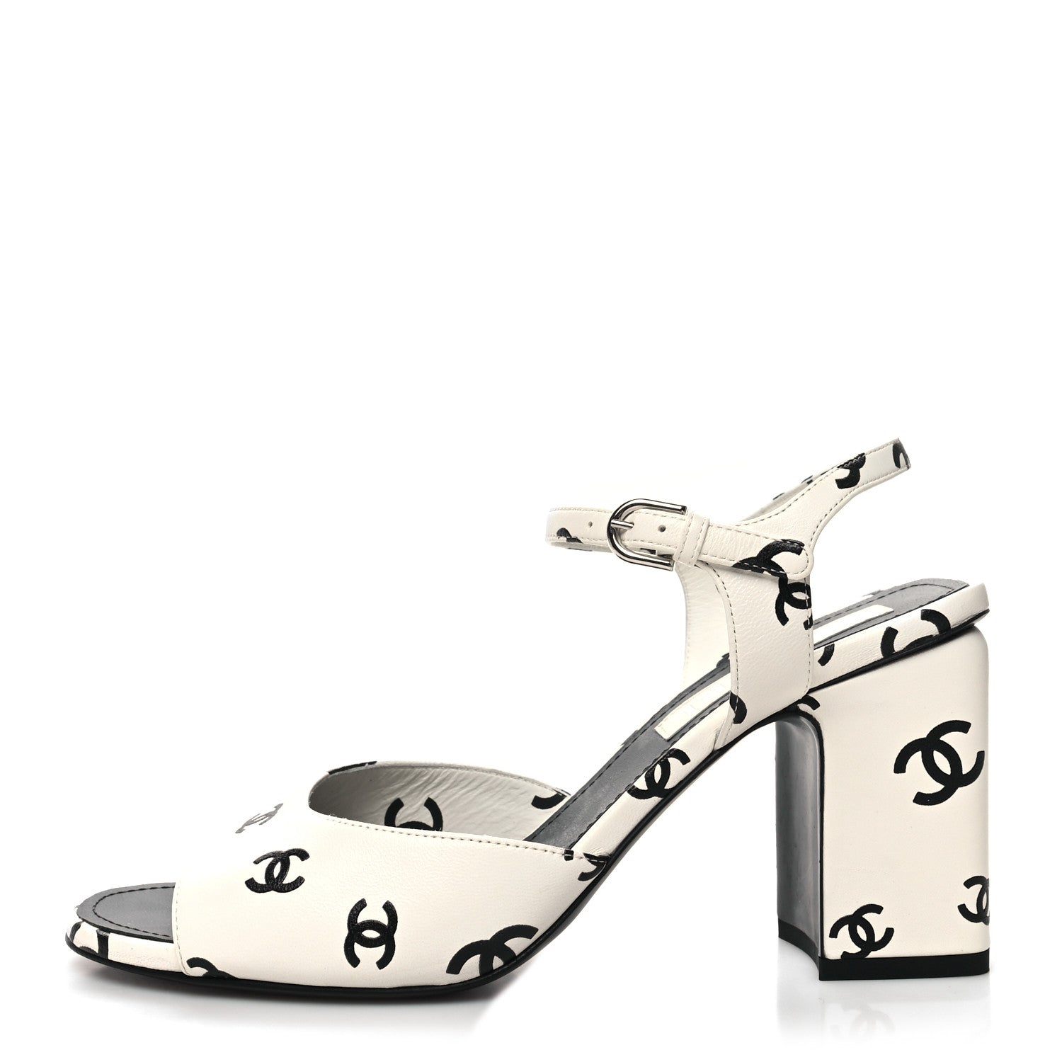 Chanel Printed Lambskin CC Sandals 39.5 White Black 1 of 9