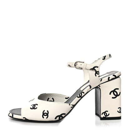 Chanel Printed Lambskin CC Sandals 39.5 White Black 1 of 9