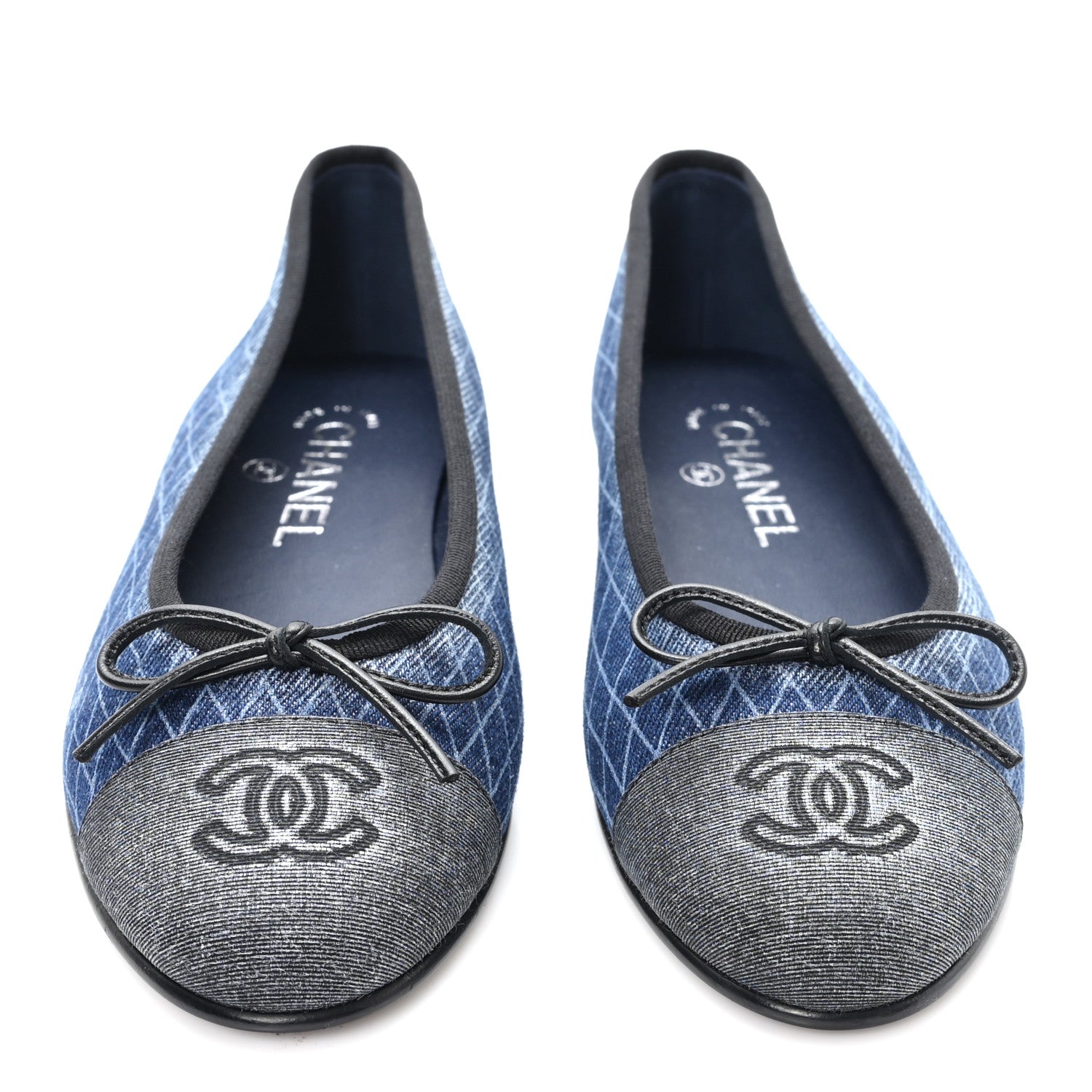 Chanel Denim Printed Quilt CC Cap Toe Ballerina Flats 37 Navy Blue Dark Grey 5 of 10