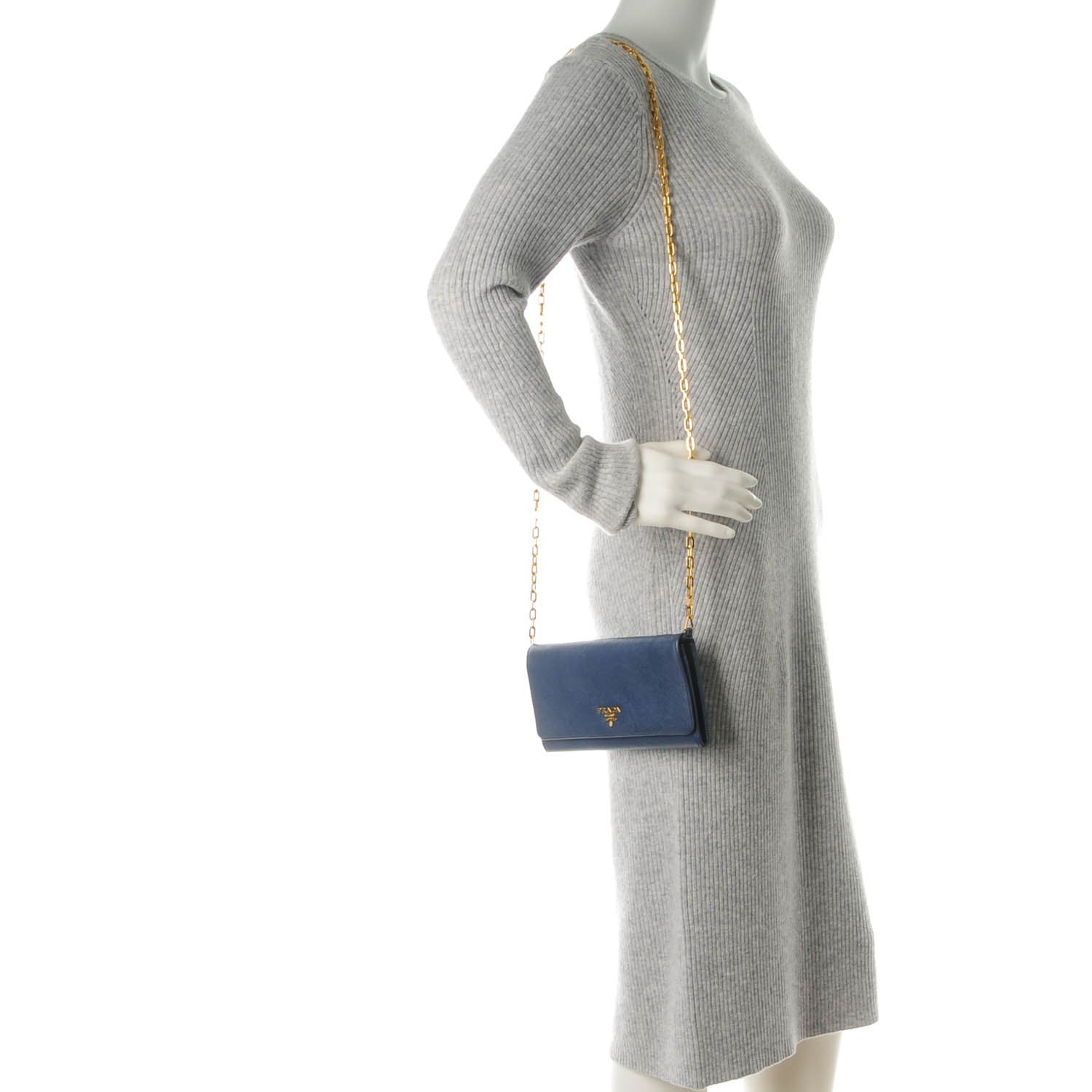 Prada Saffiano Metal Large Chain Wallet Bleuette 2 of 9
