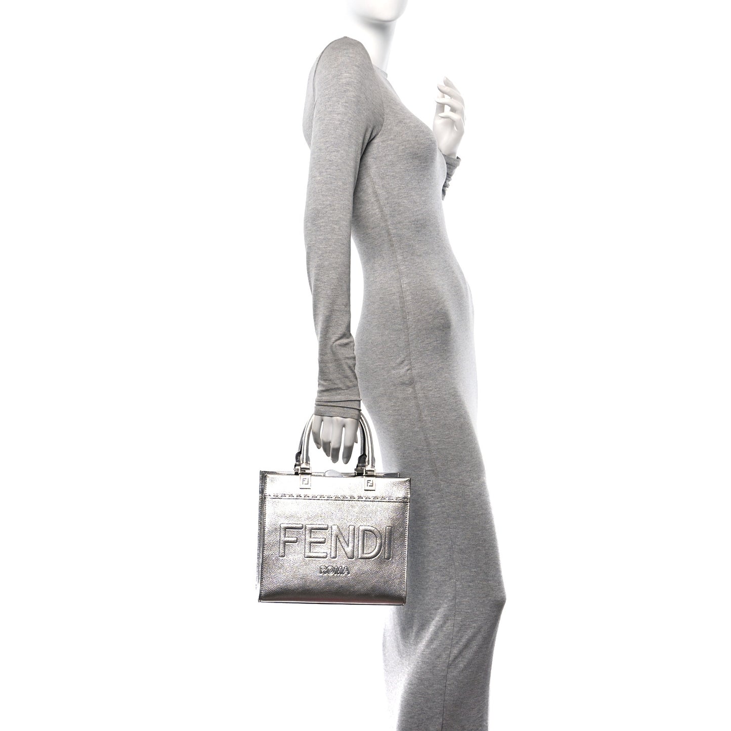 Metallic Calfskin Logo Embossed Small Fendi Sunshine Shopper Tote Argento