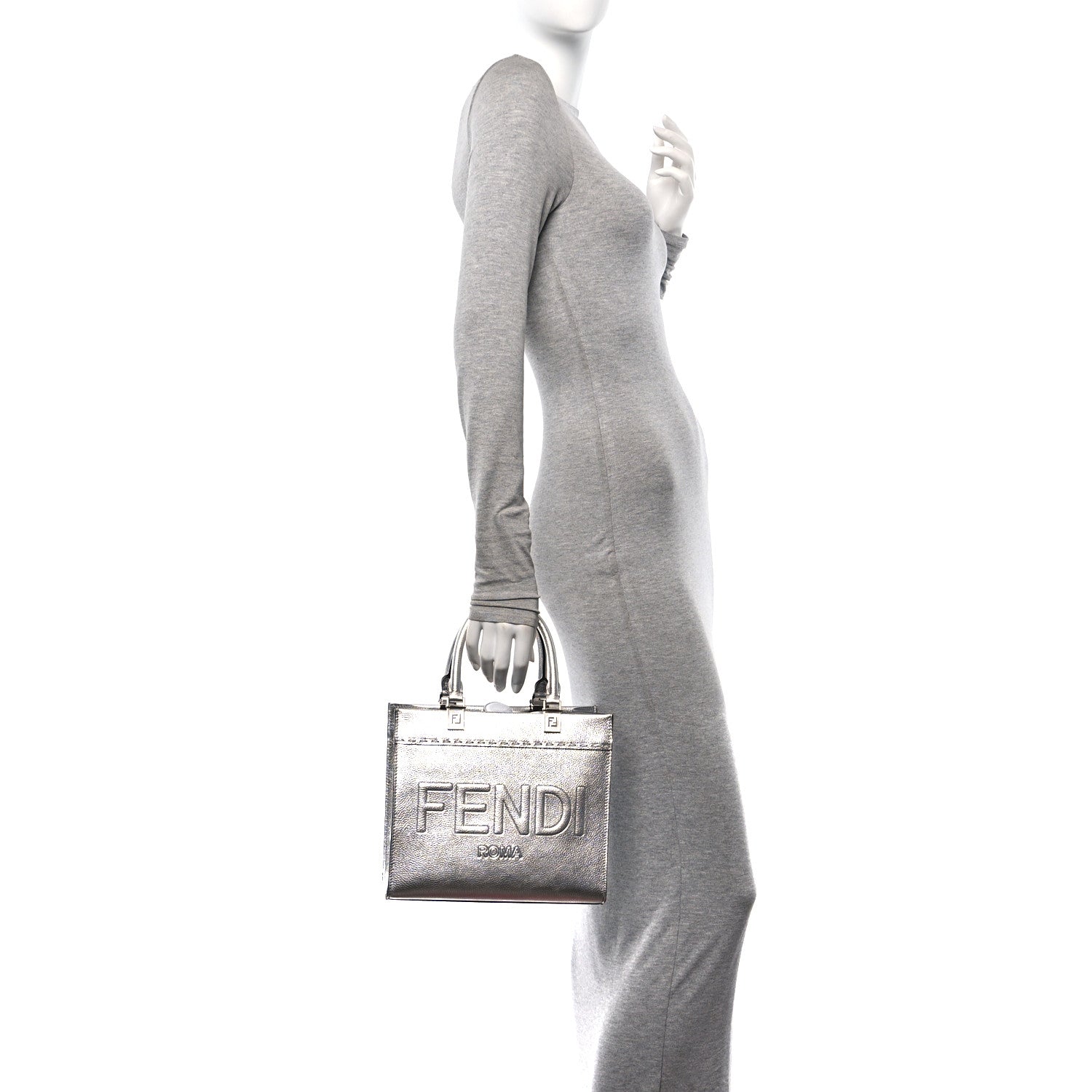 Fendi Metallic Calfskin Logo Embossed Small Fendi Sunshine Shopper Tote Argento 2 of 9