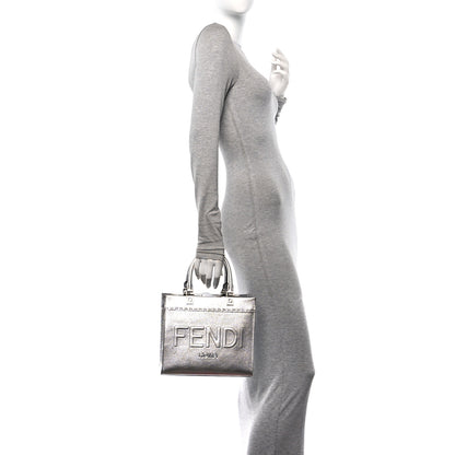 Fendi Metallic Calfskin Logo Embossed Small Fendi Sunshine Shopper Tote Argento 2 of 9