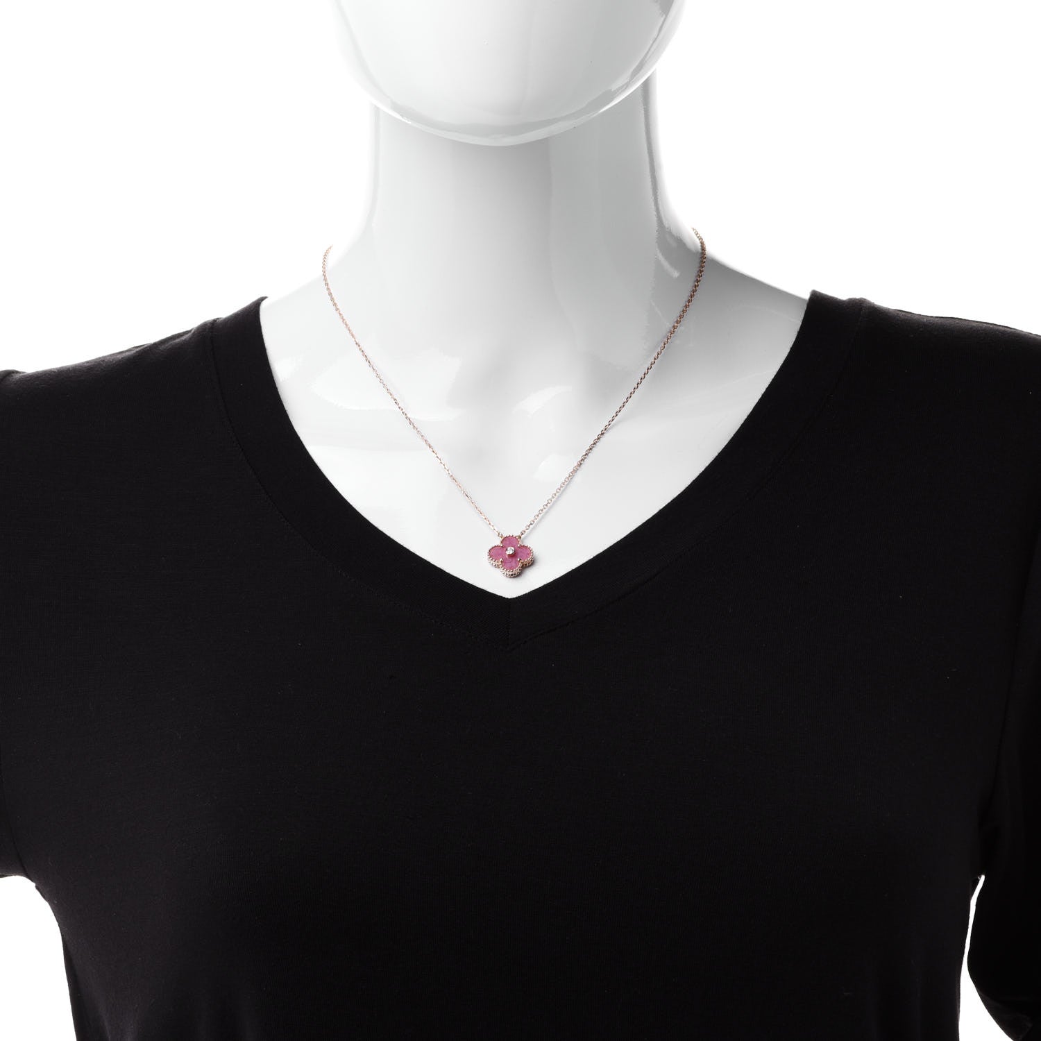 Van Cleef & Arpels 18K Rose Gold Diamond Rhodonite Vintage Alhambra Pendant Necklace 2 of 6