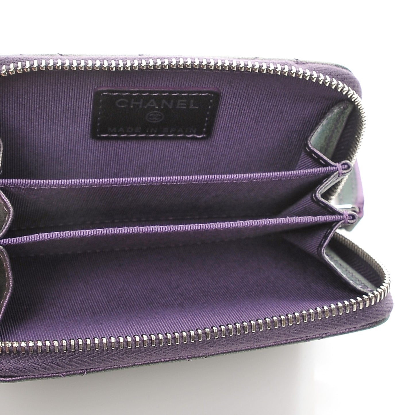 Metallic Lambskin Quilted Zip Around Coin Purse Wallet Dark Purple