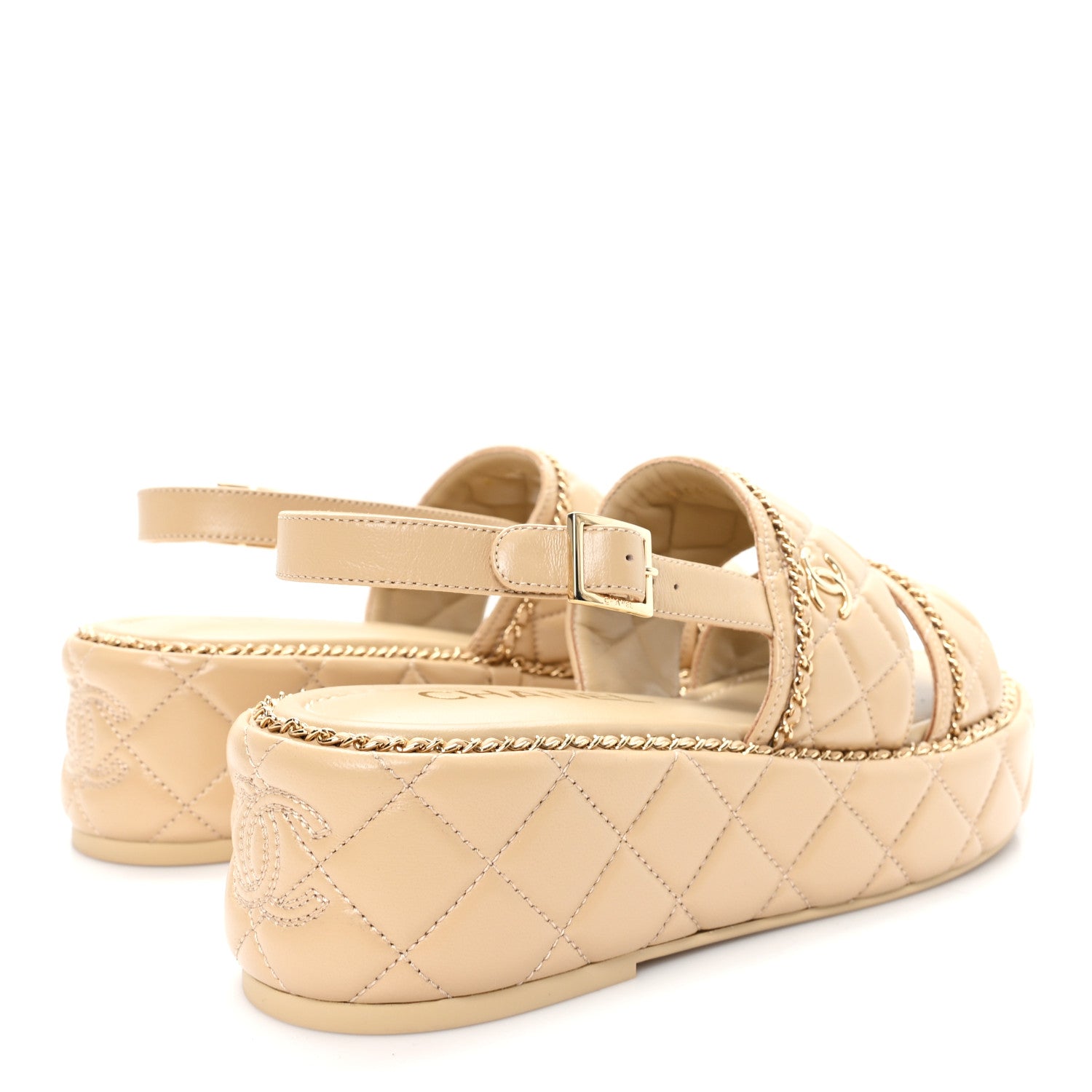 Chanel Shiny Lambskin Quilted Chain Around CC Platform Sandals 39.5 Beige 5 of 10