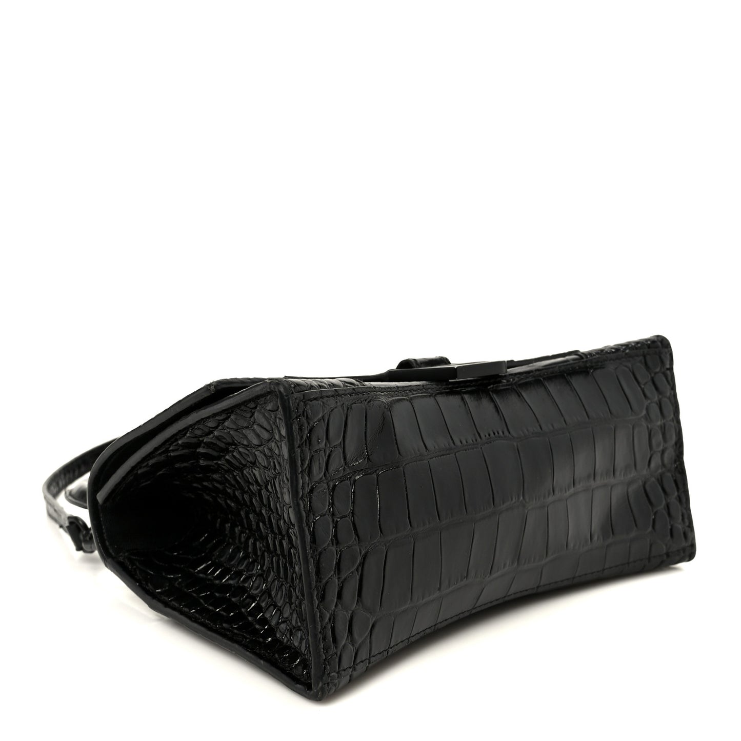 Shiny Calfskin Monochrome Crocodile Embossed Small Hourglass Top Handle Bag Black