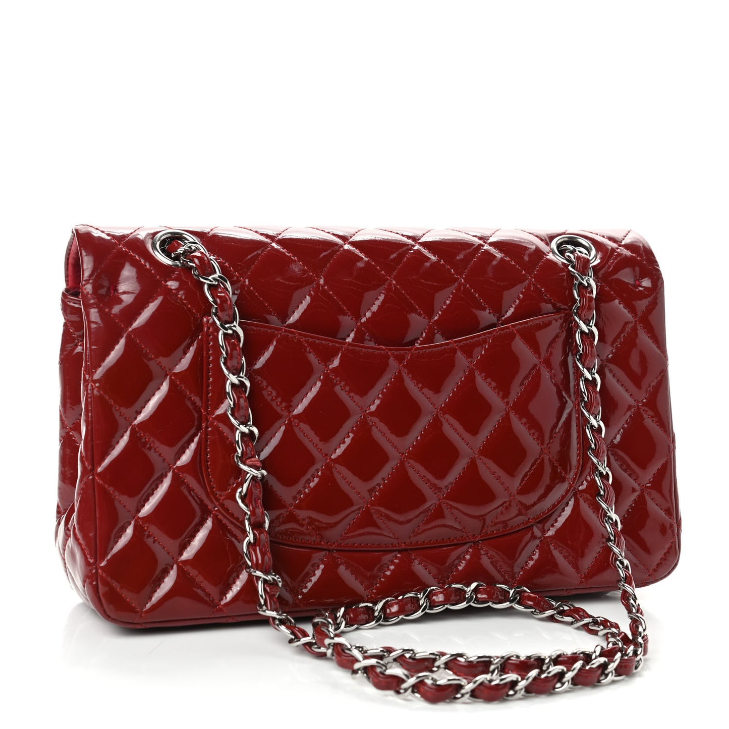 Patent Calfskin Quilted Medium Double Flap Dark Red
