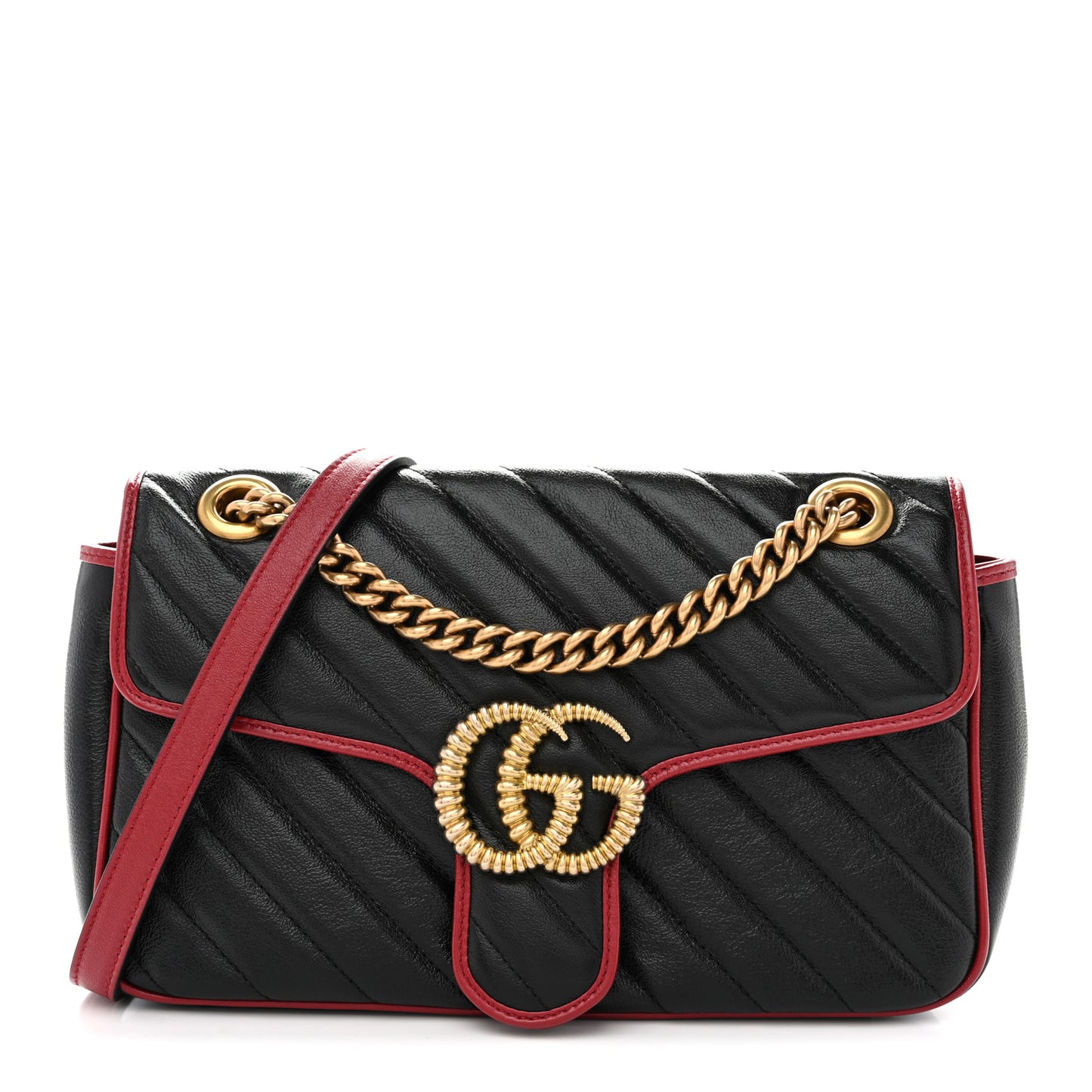 Vintage Effect Calfskin Matelasse Diagonal Small Torchon GG Marmont Shoulder Bag Black Romantic Cherry