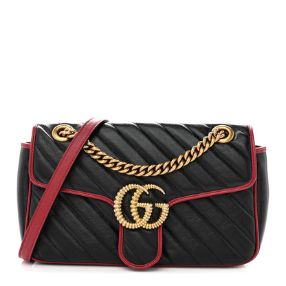 Gucci Vintage Effect Calfskin Matelasse Diagonal Small Torchon GG Marmont Shoulder Bag Black Romantic Cherry 1 of 11