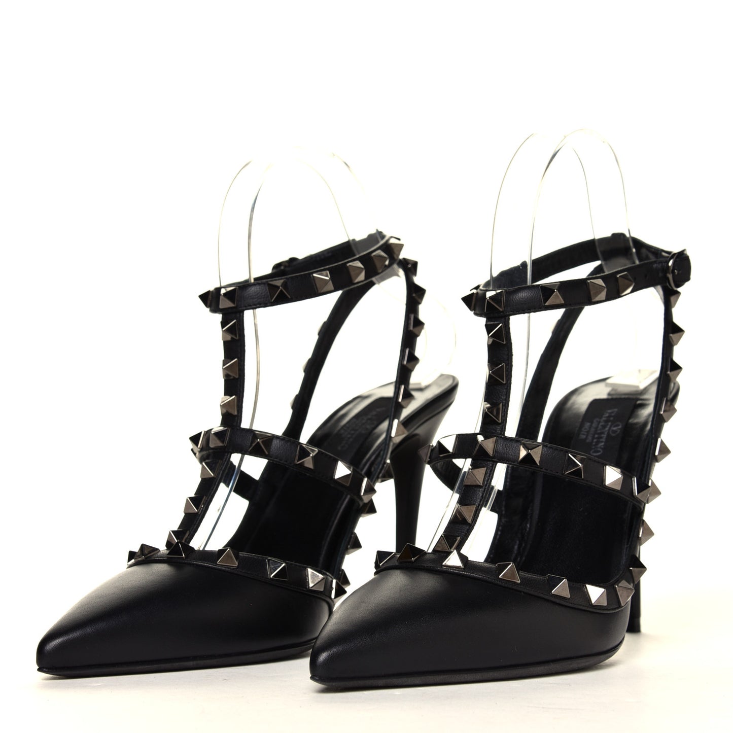 Calfskin Nappa Rockstud Ankle Strap 100mm Pumps 37.5 Black