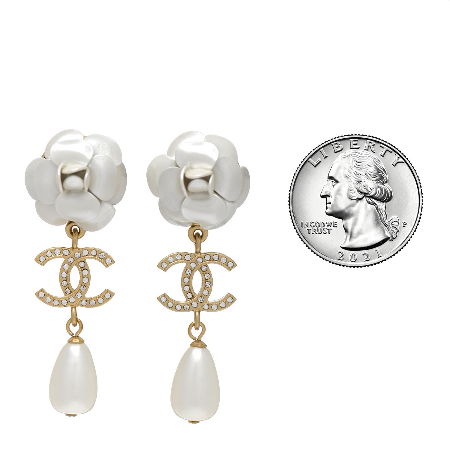 Metal Crystal Pearl 90s Camellia CC Drop Earrings Gold