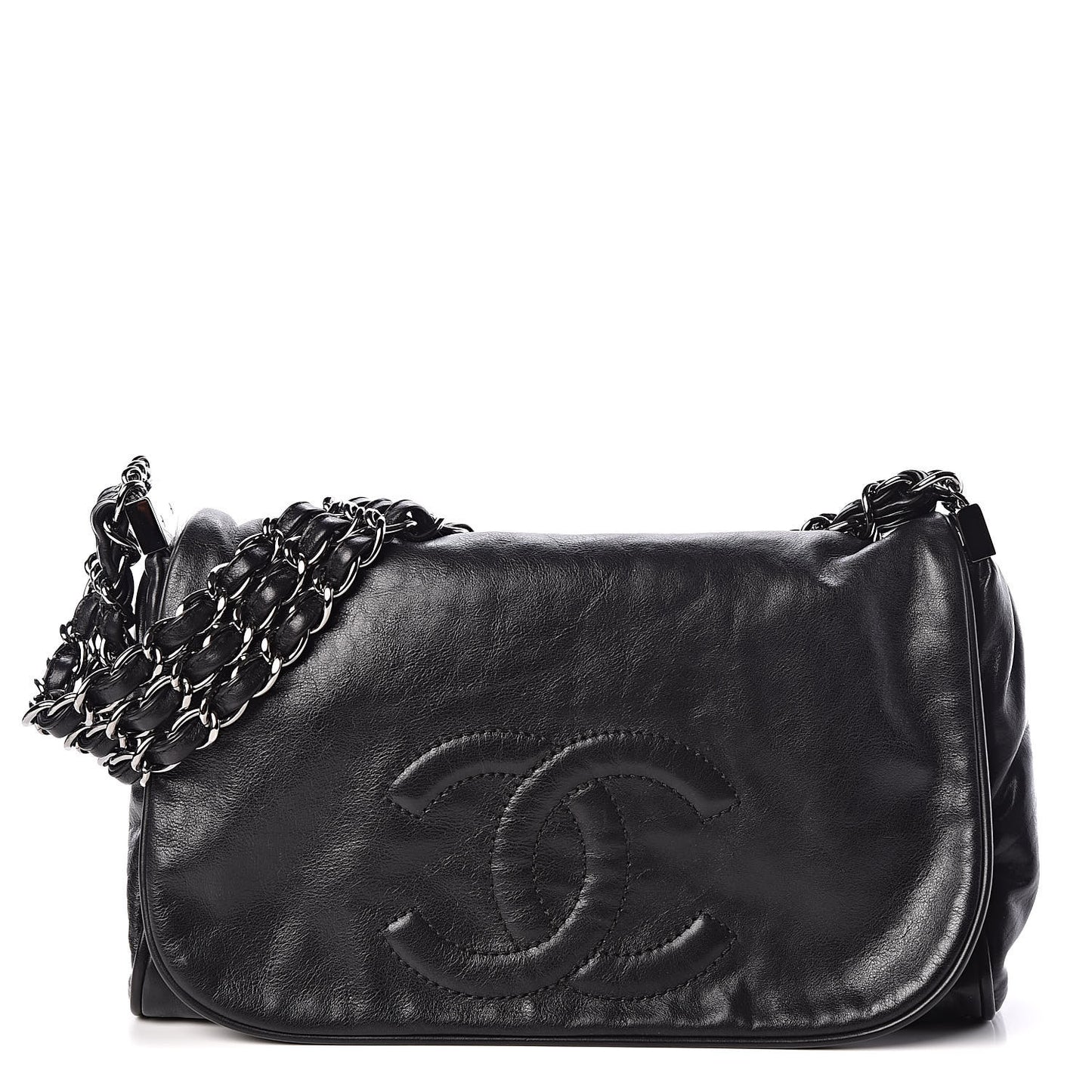 Calfskin Small Rock and Chain Flap Black